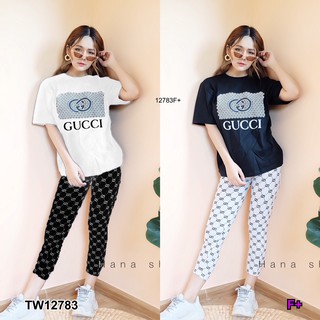 PP12783 Set 2 ชิ้น เสื้อโอเวอร์ไซส์ลายแบรนด์ + กางเกงเลคกิ้ง 5 ส่วน