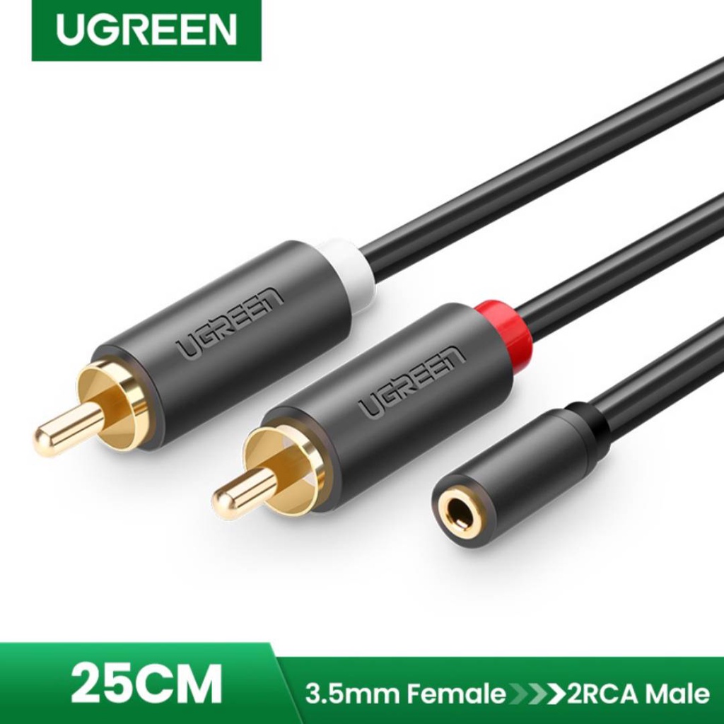 UGREEN รุ่น 10561 สายเคเบิ้ล 2RCA Male to Aux 3.5mm Female ความยาว 25cm สำหรับเครื่องเสียง โฮมเธียเตอร์ เฮดโฟน