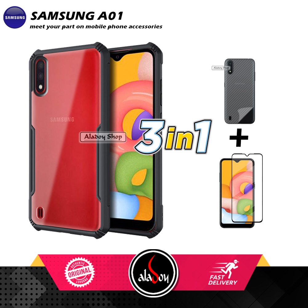 LAYER SAMSUNG AO1 Armor Fusion เคสใส + กระจกนิรภัยแบบเต็มหน้าจอและผิวคาร์บอน