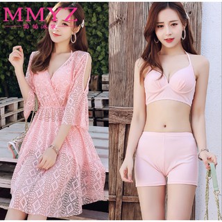 บิกินี่ ชุดว่ายน้ำ ทูพีซ 2 ชิ้น Bikini สีชมพู เซ็กซี่น่ารักสุดๆ พร้อมเสื้อคลุมลูกไม้สวยหวาน คุ้มสุดๆ