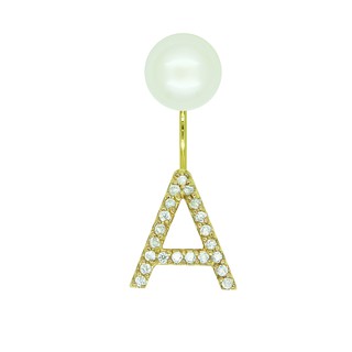 A.CEMI Gold Plated: Initial Pearl  Earring- 1 Piece ต่างหูมุกแท้ 1 ข้าง ต่างหูเงินแท้ ชุบทอง 18K