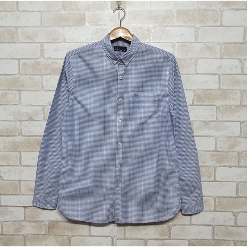 Fred Perry Shirt Japan 100% เสื้อเชิ้ตคอปกแขนยาวสีฟ้า-ขาว ลาย Gingham