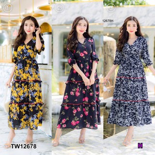 TW12678แม็กซี่เดรสลายดอกแขนศอกผูกเอว รายละเอียดสินค้า Maxi Dress แม็กซี่เดรสยาว แขนศอกผ้าวูลพีช พิมพ์ลายดอก แบบคละลาย เน