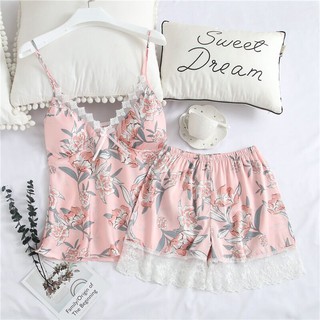 Hot womens sleepwear two （blouse+pants）ฤดูร้อนสลิงผู้หญิงชุดนอนเซ็กซี่จำลองผ้าไหมคอวีส่วนบางที่มีแผ่นหน้าอกหญิงชุดนอน