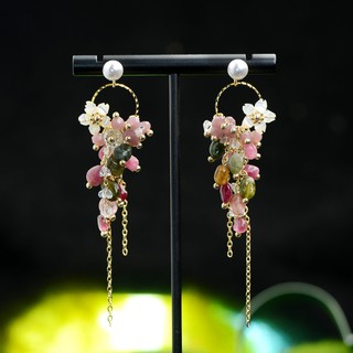 Tourmaline Tassel Earrings Long Temperament Female Shell Flowers ต่างหูบรรยากาศระดับพรีเมี่ยม, ต่างหูมุก, ต่างหูนางฟ้าส