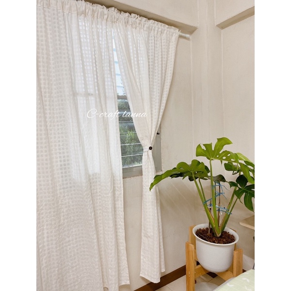 ผ้าม่านประตู ผ้าตาราง มินิมอล ขนาดกว้าง110สูง200cm ผ้าฝ้ายสีขาว แบบไม่มีเชิง รุ่นยอดฮิต TTS200 - รูปที่ 2