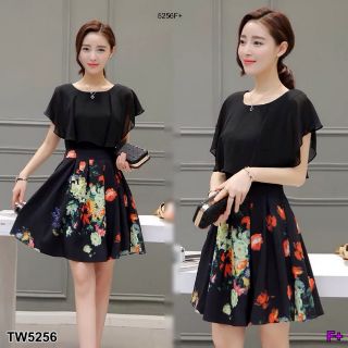 &lt;TW5256&gt;Dress เดรสแขนกุดลายดอก เดรสแขนกุดช่วงแต่งระบายคลุมไห่ล เนื้อผ้าซีฟอ