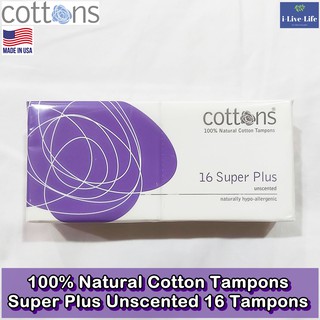 ผ้าอนามัยแบบสอด ผลิตจากฝ้ายธรรมชาติ 100% Natural Cotton Tampons Super Plus Unscented 16 Tampons - Cottons