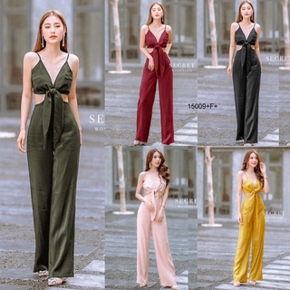 Jumpsuit จั้มสูทสายเดี่ยว อกผูกโบว์สายเดี่ยวผูกแบบไขว้ด้านหลัง เอวสม็อคหลัง มีซิปหลัง งานผ้าซ่าร่า