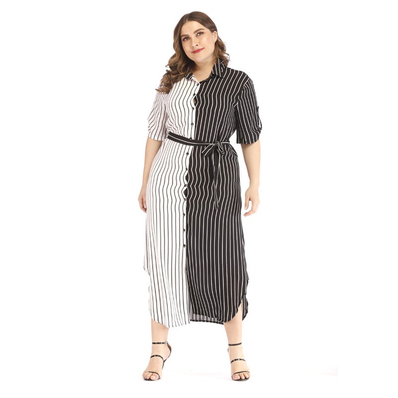 1pc Women S Plus Size Shirt Dress Black And White Striped Patchwork Half Sleeve Dress 5xl Shopee Thailand