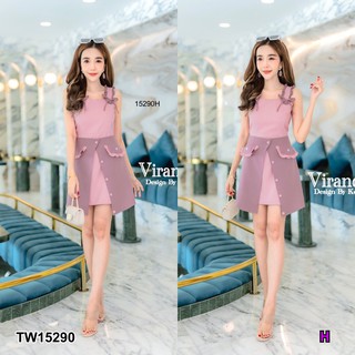 J15290 Dress เดรสแขนกุด แขนแต่งระบายกระโปรงคลุมป้ายไขว้