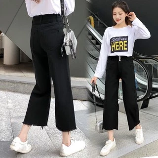 👖💖MKL💖👖 กางเกงยีนส์ขายาวปลายรุ่ย ทรงกระบอก ตกแต่งสามกระดุม 🚚⚡#8005