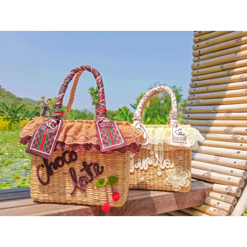 กระเป๋าสานใส่ชื่อได้🧶สีครีมและสีช็อกโกแลต