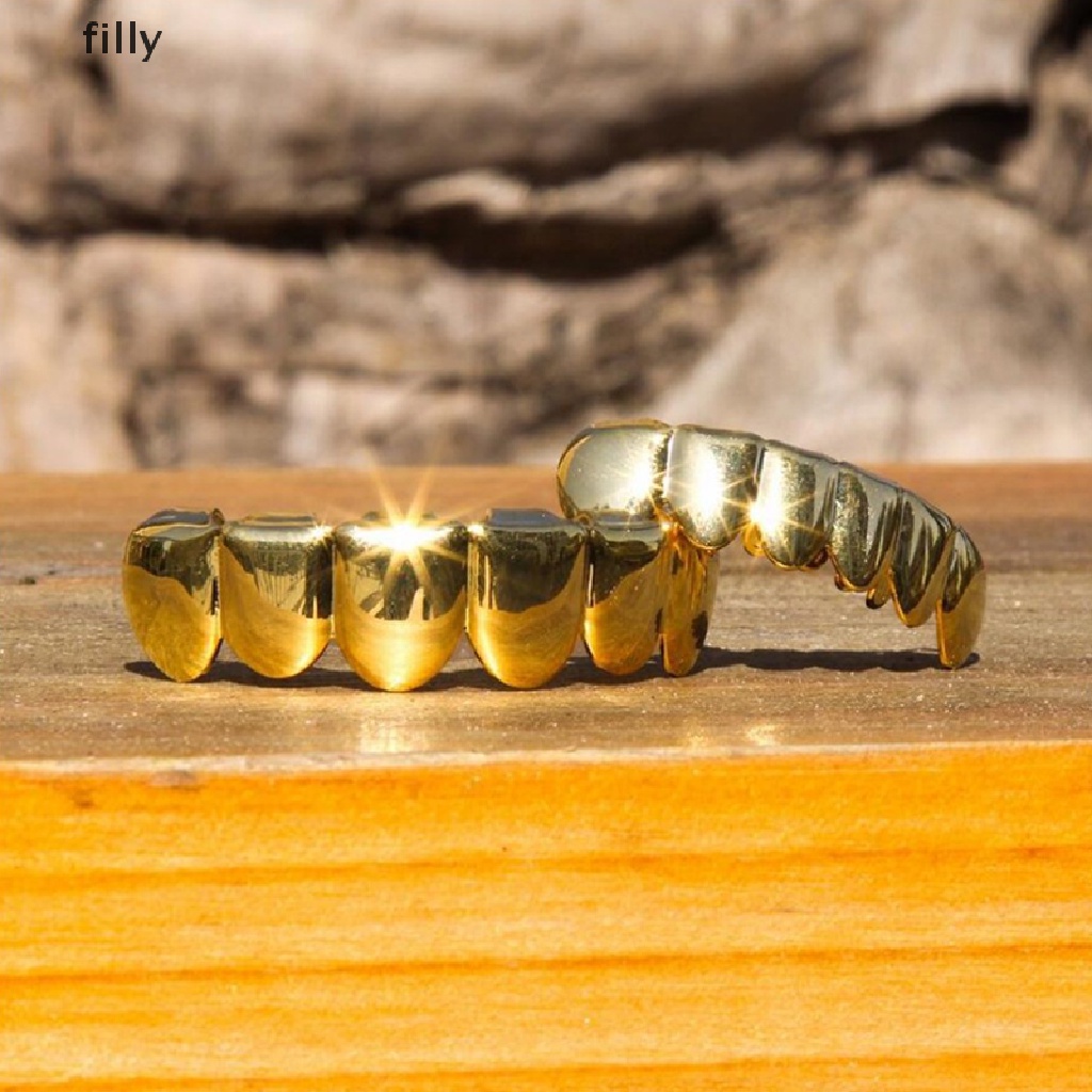 [FILLY] New Custom 14k Gold Plated Hip Hop Teeth Grillz Caps Top & Bottom Grill Fang Set DFG