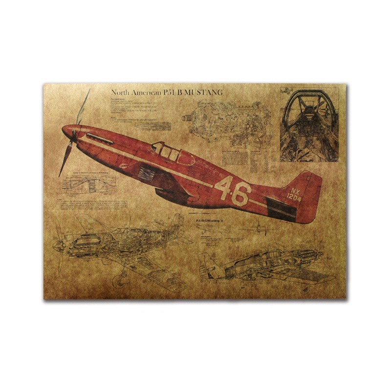 โปสเตอร์กระดาษ รูปเครื่องบินรบ NORTH AMERICAN P51 B MUSTANG PLANE สไตล์วินเทจ สําหรับตกแต่งบ้าน