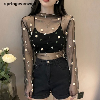 [springevenwell] ใหม่ เสื้อยืดซีทรู แขนยาว คอเต่า ผ้าตาข่ายโปร่งใส สําหรับผู้หญิง