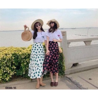 E0388  set เสื้อยืดคอกลมแขนสั้น สกรีนหัวใจ จับแมทกระโปรงบานพิมพ์ลายหัวใจรอบตัวทรงสวิง ผ้าไหมอิตาลี เอวสม้อกหลัง   ขนาด :