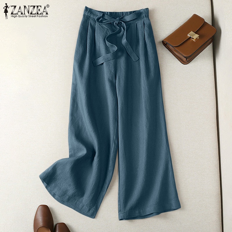 Zanzea กางเกงฮาเร็ม ขายาว ผ้าฝ้าย เอวยางยืด ลําลอง สีพื้น สไตล์วินเทจ แฟชั่นสําหรับผู้หญิง