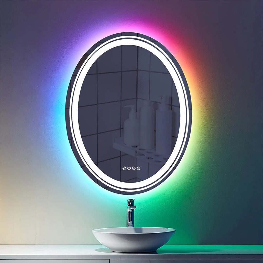 LUVODI กระจกห้องน้ หลายสีคฟังชั่นป้องกันหมอกใน สัมผัส LED RGB กระจกกันฝ้า แบบกันแสงป้องกันการหรี่แสงได้สำหรับห้องน้ำ