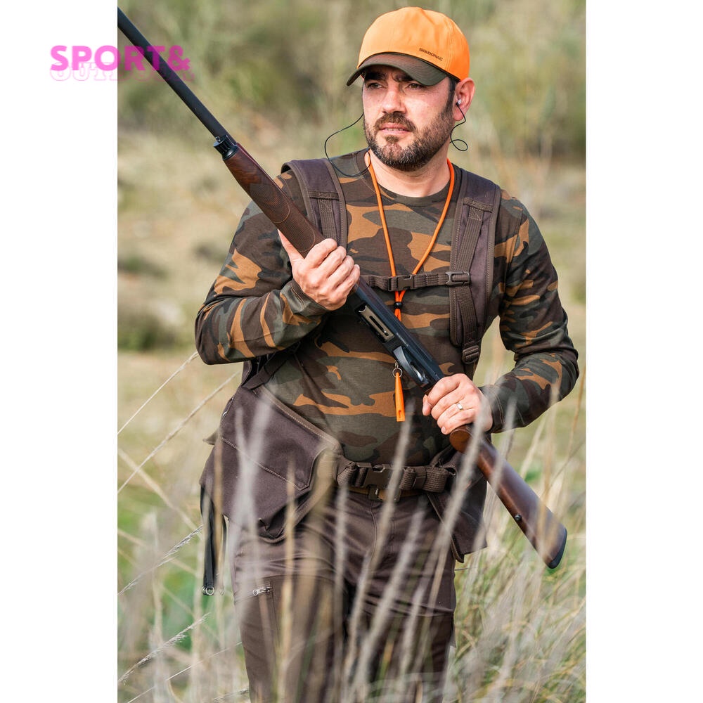 เสื้อยืดส่องสัตว์แขนยาวทำจากผ้าฝ้ายรุ่น 100 (ลายพราง) Cotton long-sleeved hunting t-shirt 100 woodland camouflage