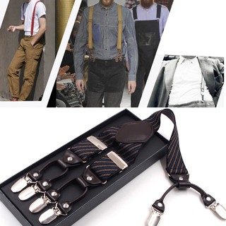 ❤❤ Men Stripe Y-Shape Suspender With Non-Slip 6 Clips Elastic Adjustable