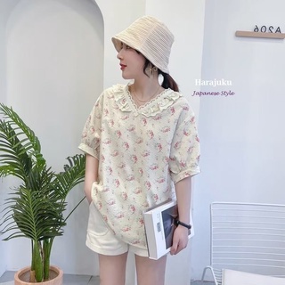 Harajuku  🌸เสื้อสไตล์ญี่ปุ่นพิมพ์ลายทั่งตัว คอระบาย  มี 3 สี