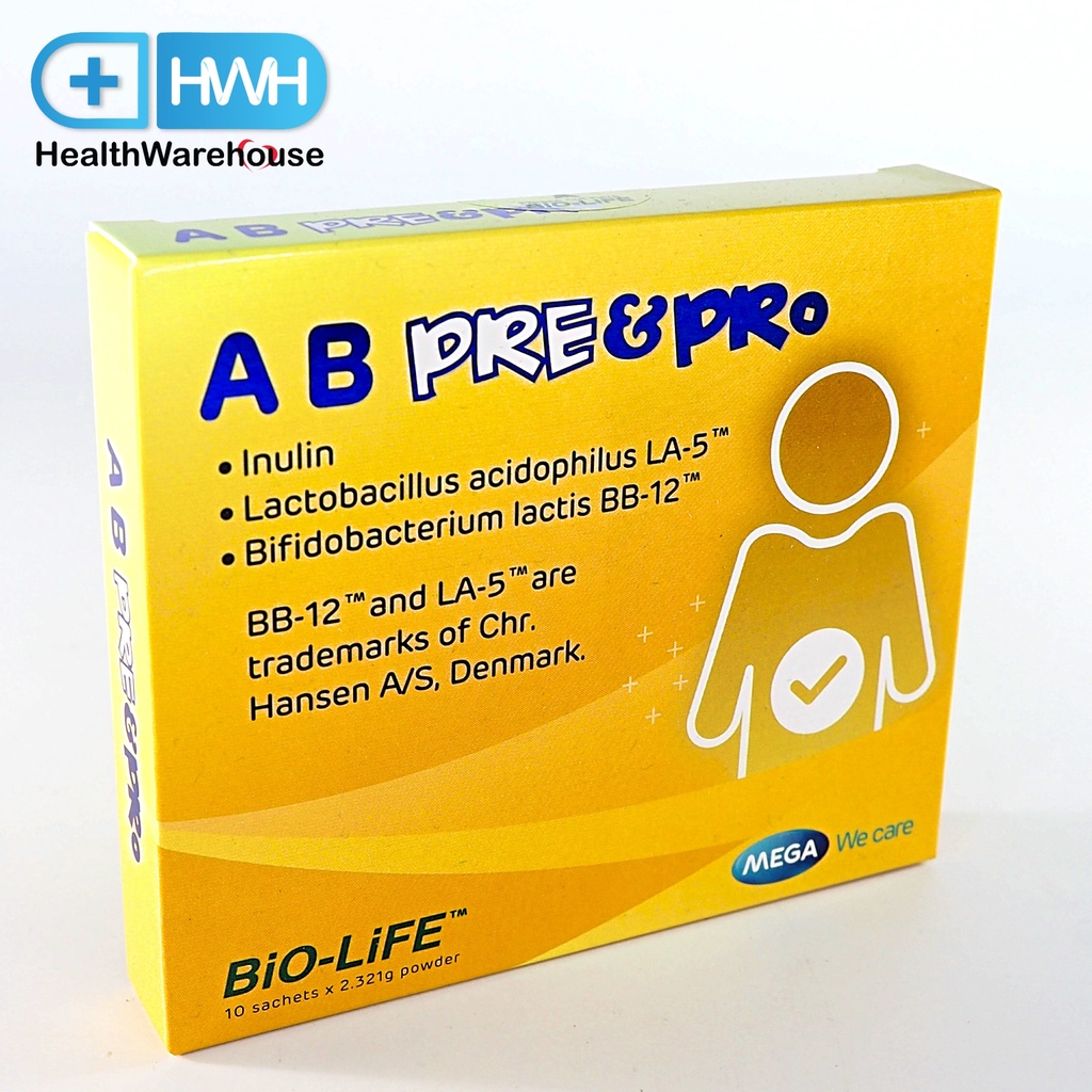 Mega We Care A B Pre&Pro 10 ซอง Prebiotic and Probiotic ปรับสมดุลการย่อยอาหารและการขับถ่าย เมก้า วีแ