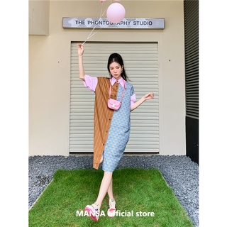 MANSA floral plaid striped patchwork shirt dress เดรสลายดอก ลายสก๊อต เดรสยาว เดรสลายสก็อต