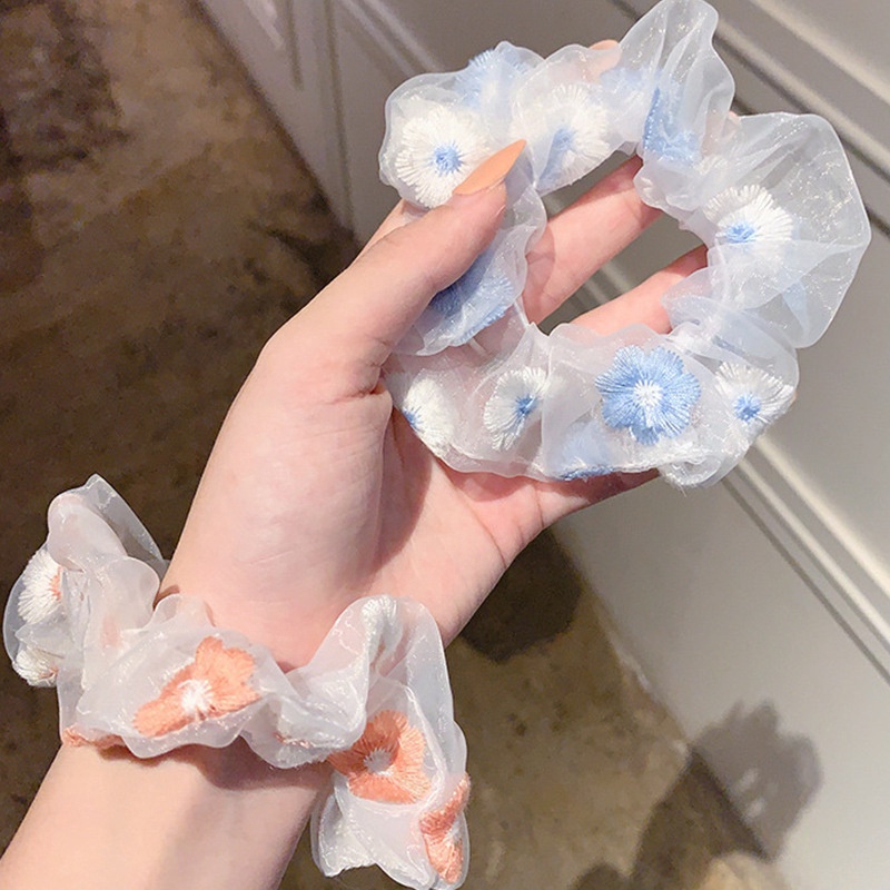 ยางรัดผม ขนาดใหญ่ ปักลําไส้ / ตาข่าย ขนาดใหญ่ วงแหวนลําไส้ใหญ่ ดอกไม้ / ยางยืด ลูกไม้ / ตาข่าย สครันชี่ สวมหัว ทูเล่ เครื่องประดับผม: สีฟ้า