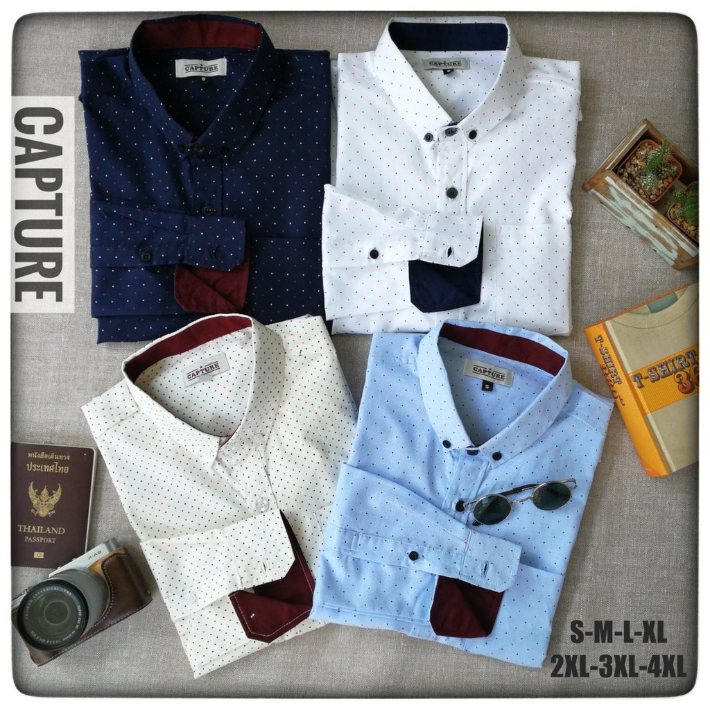 เสื้อเชิ้ตแขนยาว คอปก ผ้า Oxford ลายจุดสองสี มีไซส์ S-4XL