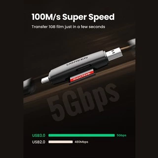 UGREEN รุ่น 80191 USB-C +USB TF/SD 3.0 Card Reader Black เครื่องอ่านการ์ด รองรับเมมโมรี่ สูงสุด 1TB