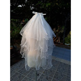 ผ้าคลุมผมเจ้าสาวประดับโบและมุก 4  ชั้น พร้อมส่งจากไทย