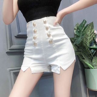 New Double Breasted High Waist Shorts กางเกงขาสั้นยืดสีดำ Women