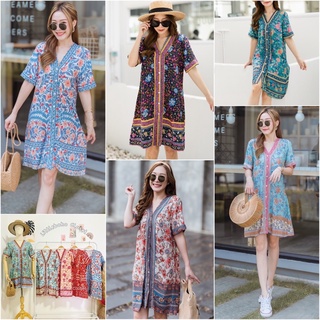 Boho floral dress เดรสคอวีสไตล์โบฮีเมียน ชุดโบฮีเมี่ยน เดรสไปทะเล ชุดไปทะเล เดรสสีส้ม ชุดสีฟ้า เดรสสั้น เดรสลายดอก