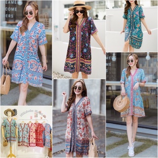 Boho floral dress เดรสคอวีสไตล์โบฮีเมียน ชุดโบฮีเมี่ยน เดรสไปทะเล ชุดไปทะเล เดรสสีส้ม ชุดสีฟ้า เดรสสั้น เดรสลายดอก