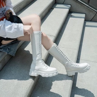 chloe.store 🛍พร้อมส่ง 36-43🛍 รองเท้าบูทยาวผูกเชือก สีดำและสีขาว ไซส์ใหญ่