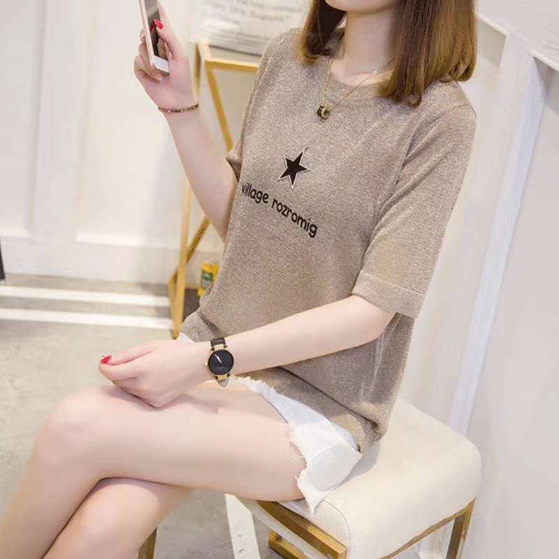 2022 ฤดูร้อนใหม่ผู้หญิงเสื้อถักไหมน้ำแข็งแขนสั้นเสื้อยืด bottoming ...