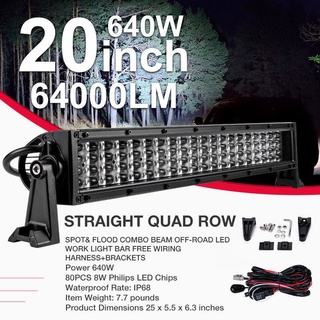 สปอร์ตไลท์ led 12v รถยนต์ ไฟสปอตไลท์ ATV ไฟ LED 20 นิ้ว Light Bar Quad Row Work Driving Spot Flood Combo สำหรับรถ OffRoad Jeep 4WD