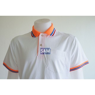 (ลด70.- เก็บโค้ดหน้าร้าน) เสื้อคอปก เสื้อสีขาว ปกลายขลิบธงชาติสีส้ม แขนจั๊ม เสื้อทำงาน