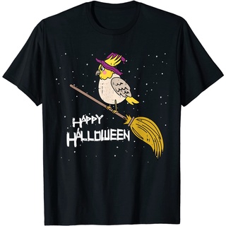 เสื้อยืดผ้าฝ้ายพรีเมี่ยม เสื้อยืดท็อป ผ้าฝ้าย พิมพ์ลาย Cockatiel Witch Broomstick Night Bird เหมาะกับวันฮาโลวีน สําหรับผ