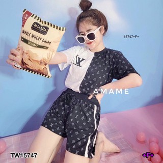 PP15747 set 2 ชิ้น เสื้อยืดแขนสั้นทูโทน พิมลายแบรนด์ + กางเกงขาสั้นแถบข้างพิมลายกราฟฟิก