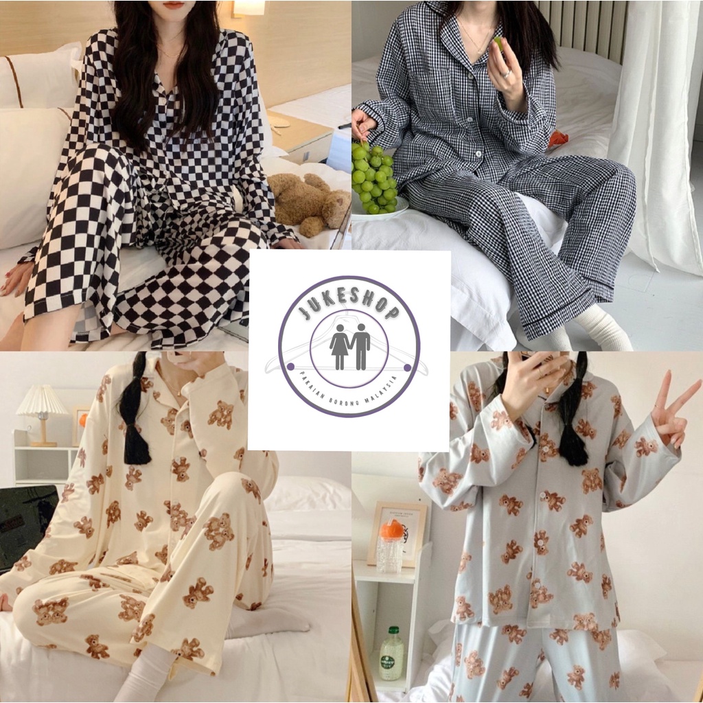 ร้อน!! Instagram Checkered pijamas set Women PREMIUM QUALITY SLEEPWEAR GIRLFRIEND แขนยาว baju tidur