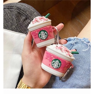 เคสหูฟัง รูปไอศกรีม starbucks พร้อมพวงกุญแจ สีชมพู สําหรับ airpods gen 1 2 3