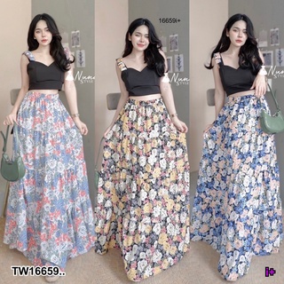 PP16659 Set 2 ชิ้น เสื้อสายเดี่ยวแต่งโบว์3ชั้น + กระโปรงยาว..