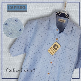 เสื้อเชิ้ตแขนสั้น คอปก ผ้า Oxford ลายสมอ สีบลูยีนส์ มีถึง 4XL