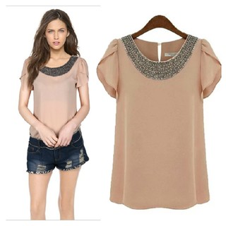 เสื้อชีฟองทรงปล่อย รอบคอแต่งมุกปักประดับ สวยหวาน น่ารักใสๆ แฟชั่นสไตล์เกาหลีสบายๆ B1-A2195PK