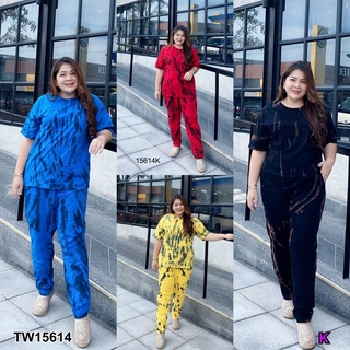 👗Pfashion [ส่งไว!!🚛] P15614 set 2 ชิ้น #Bigsize เสื้อยืดแขนสั้นมัดย้อม + กางเกงขายาวลายเข้าเซต