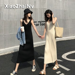 XIAOZHAINV ชุดเดรสสายเดี่ยว แบบกระโปรงถัก ทรงหลวม สไตล์เกาหลี