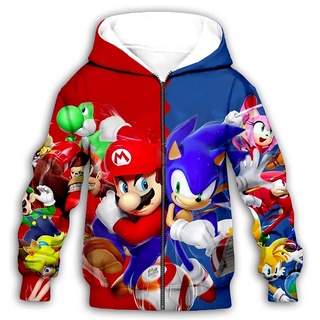 เสื้อกันหนาว มีฮู้ด พิมพ์ลาย Mario X Sonic the Hedgehog 3 มิติ สําหรับเด็ก