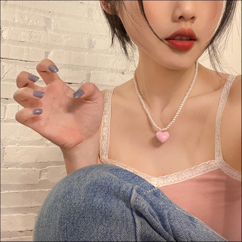สร้อยคอมุกหัวใจสีชมพูสีม่วงหวานน่ารักสําหรับผู้หญิงฤดูร้อนจี้กระดูกไหปลาร้าโซ่อุปกรณ์เสริม
